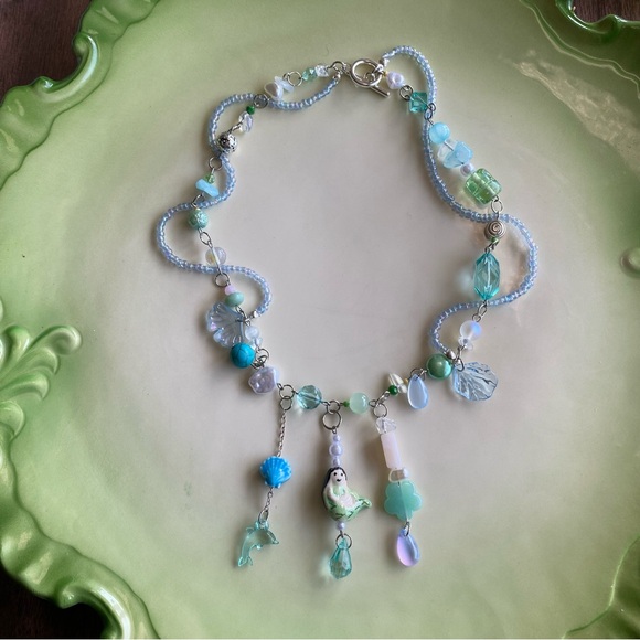 Mermaid Charm Necklace Silver Chain Mixed Beads Pendant Ocean Mermaidcore Blues - Picture 3 of 10